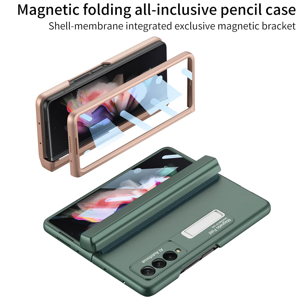 Solid Color PC Hard Case For Samsung Galaxy Z Fold 3 5G Phone Case With Pen Tray Luxury Magnetic Hinge film stand case for fold3