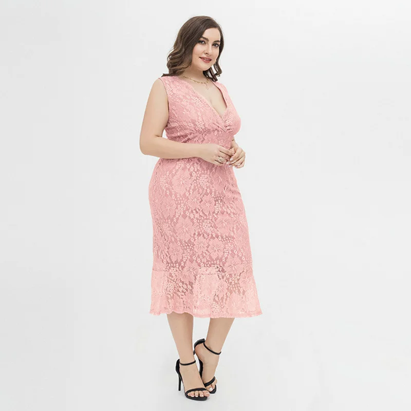 Plus Size Dress Women Summer 2022 Sweet Elegant Sexy Slim Lace Pink Print Pattern Calf Length Sleeveless Large Size Dress 4XL