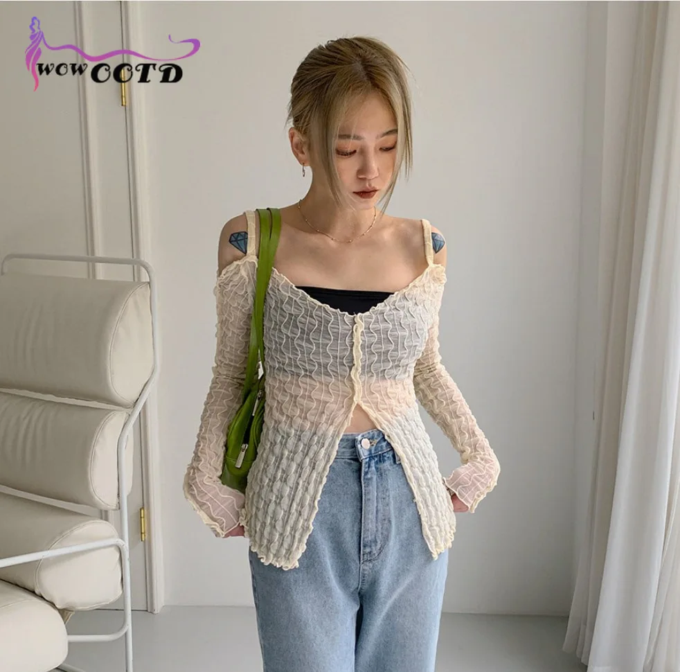 

WOWOOTD HOT Y2K Fairycore Aesthetics Drop Shoulders Zipper Slit Tops E-Girl Fashion Sexy Tide Ruffles Long Sleeve T-shirt