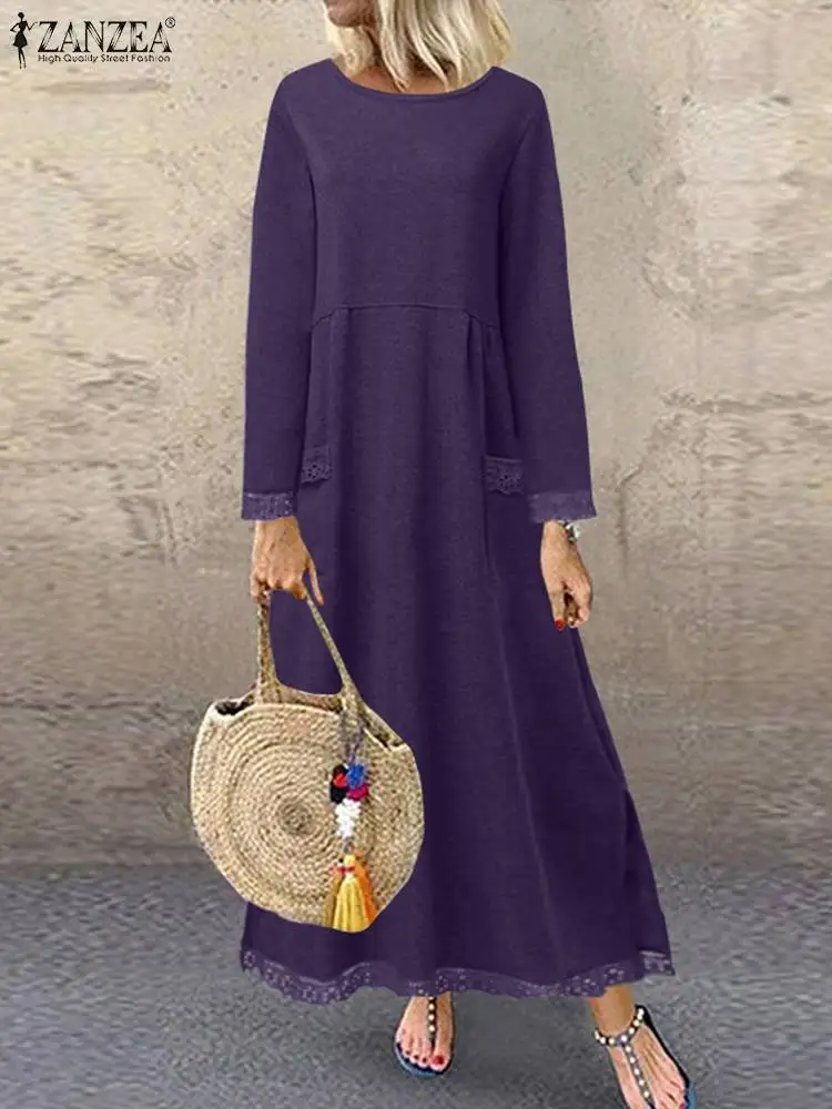 

Коллекция 2022 года, модное осеннее женское платье ZANZEA с длинным рукавом, кружевной длинный сарафан в стиле пэчворк, элегантное женское плать...