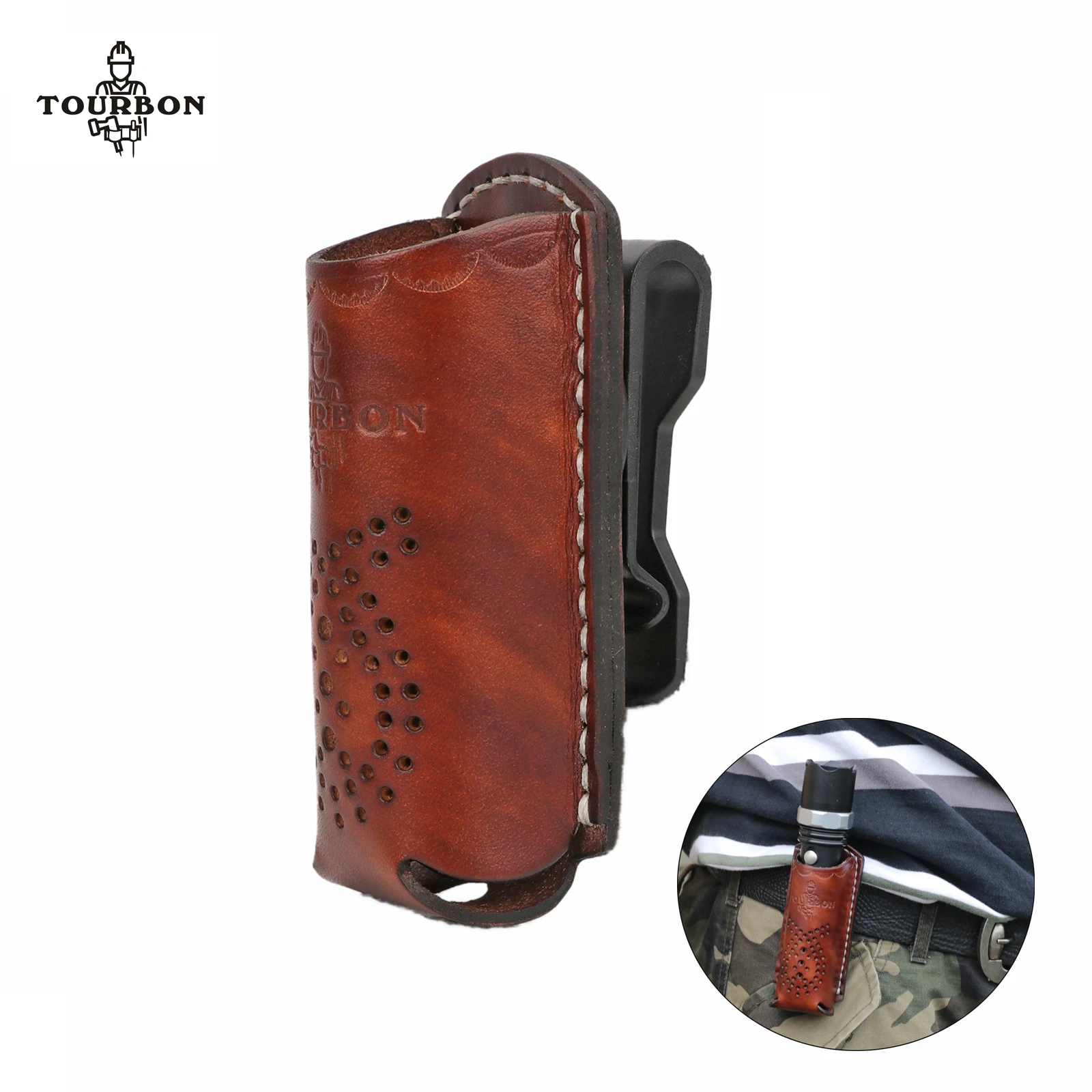 

Tourbon Leather Portable Flashlight Pouch Tactical Electric Torch Holster Tool Holder Clip-on Belt 360 Degree Rotation Camping