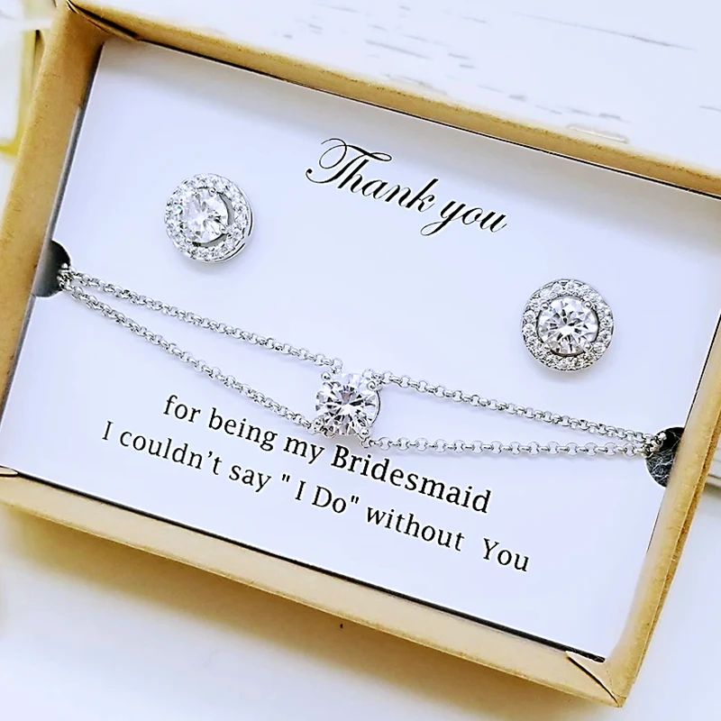 

Персонализированные серебряные круглые Кристаллы с 2 линиями браслета и плоские серьги с ореолом, ювелирные изделия для подружки невесты в подарок, подарки для свадебвечерние