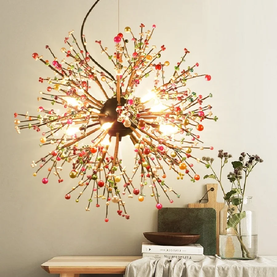 

LukLoy NEW Colored Pearls Dandelion Chandeliers Bedroom Suspension Cherry Blossoms Lamp Modern Creative Handmade Pearls Lights