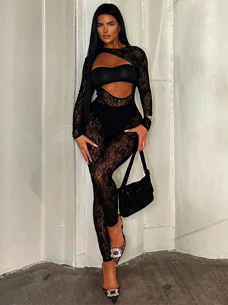

Weird Puss Lace Hollow Women Jumpsuit See Through O Neck Sexy Body-Shaping Patchwork Skinny Coquette Clubwear Nightout Outfits