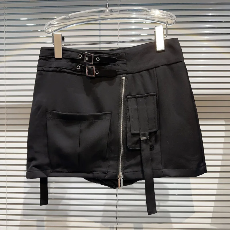 

PREPOMP 2023 Autumn New Collection Metal Buckle Belt Zipper Pockets Black Slim Bodycon Short Cargo Skirt Women GL177