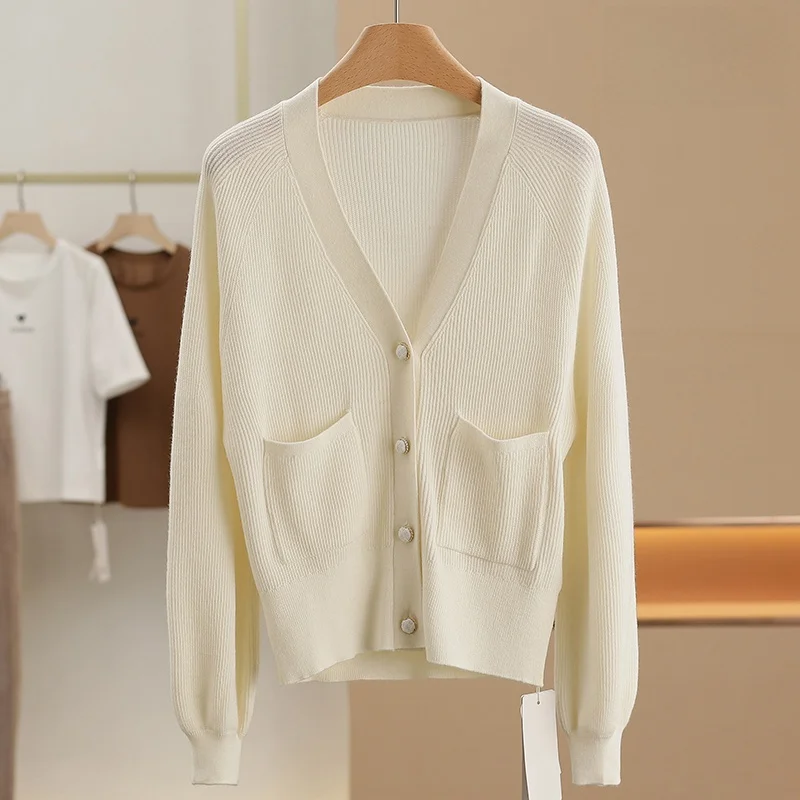 Xking [Di] Эластичный и удобный шерстяной однотонный вязаный кардиган ~ 2024 осенняя