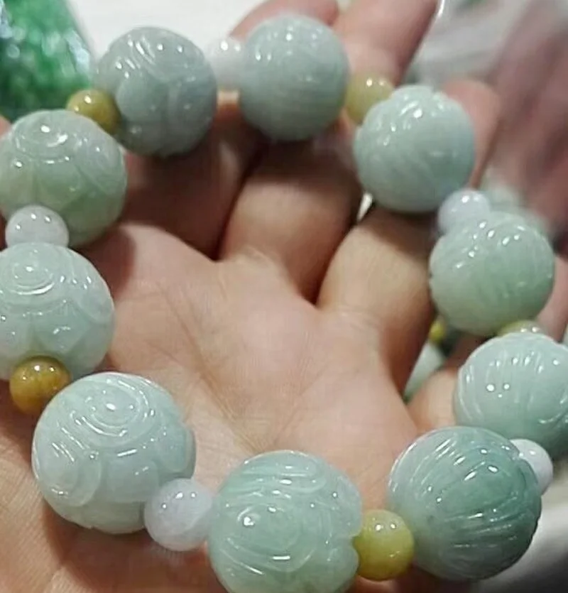 Jade Emerald 18mm Lotus Beads Bracelet Natural Adjustable Bangle Charm Jewellery Fashion Accessories Hand-Carved Man Luck Amulet