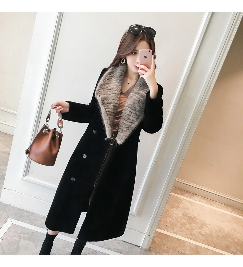 New Arrival 2022 Winter Fashion Woman Clothes 100% Wool Long Coat Natural Real Mink Fur Collar Female Streetwear Black Big Size