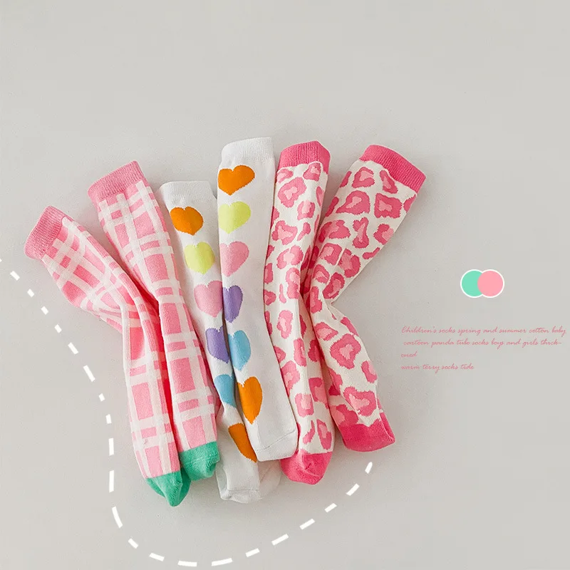 

3Pairs Pack 1-8 Year 2022 Spring and Autumn Love Leopard Print Straight Socks No Heel Cute Girls Socks