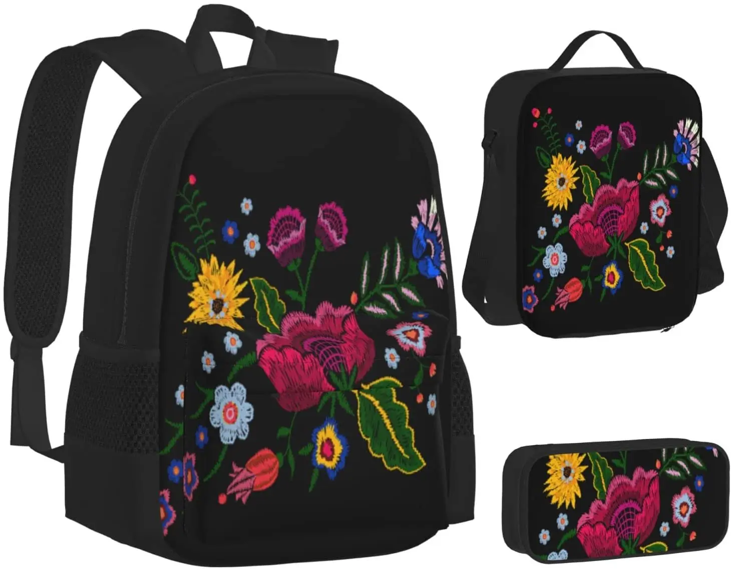 Flowers Beauty Fashion Mexican Schoolbag Travel Bag Casual Daypack Lunch Bag Pencil Case for Boys Teens Girls 3pcs Sets