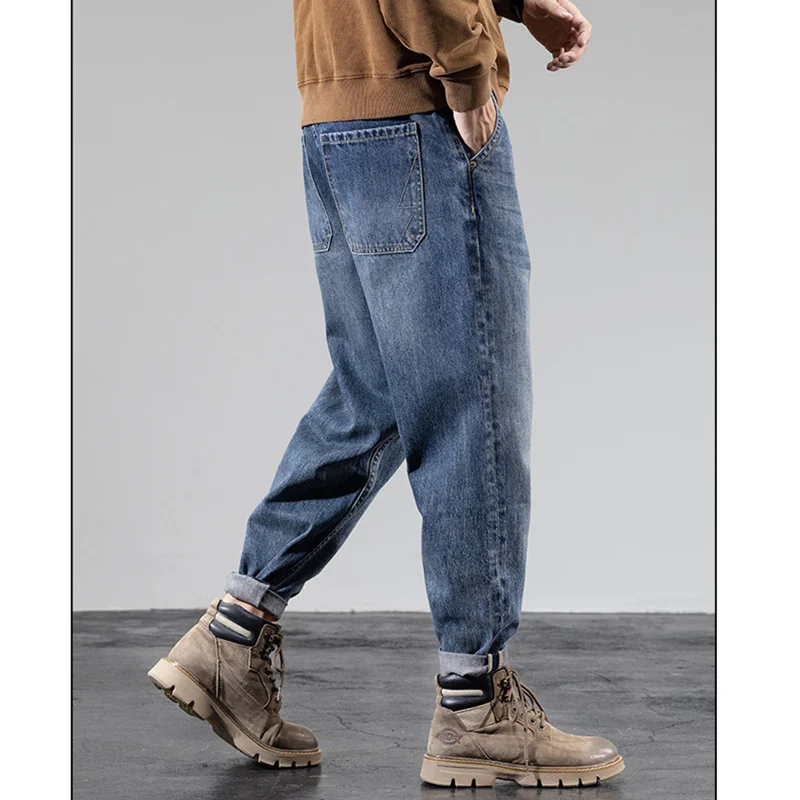 Streetwear Men New Pattern Vintage Recreational Blue Thick Style Jeans Loose Broad Leg Straight Cylinder Trousers Autumn Female