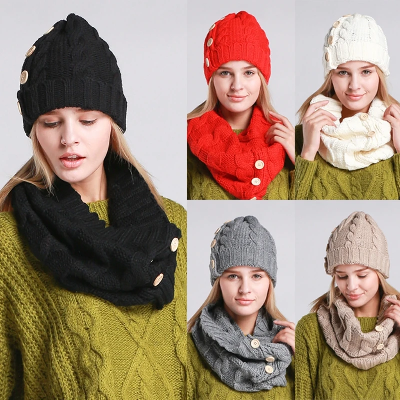 

Women Winter 2 Pieces Beanie Hat for infinity Circle Loop Scarf Set Thicken Twist Cable Knitted Buttons Decor Cuffed Skull