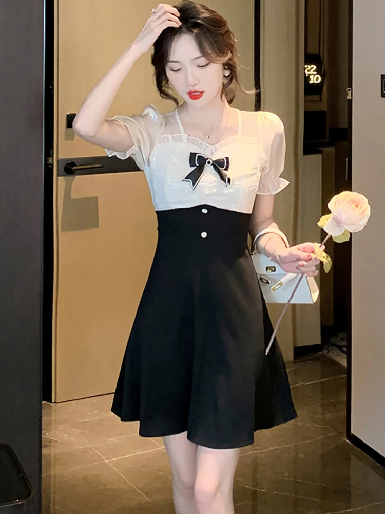 

2023 черное лоскутное Белое Мини-Платье с пышными рукавами, женское элегантное облегающее платье, летнее сексуальное Клубное платье с бантом и вырезами