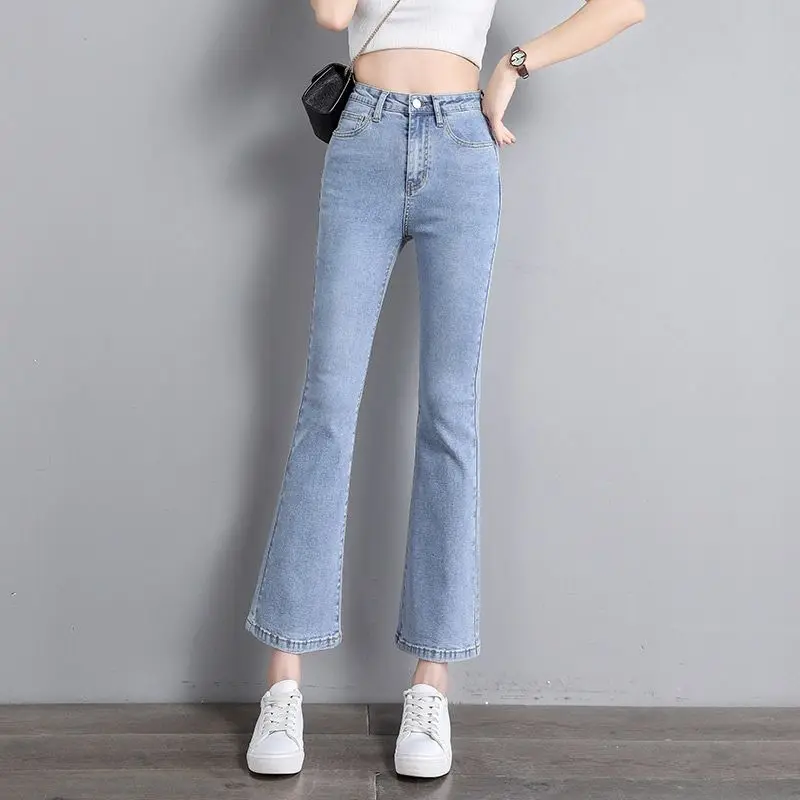 Spring New High Waist Slim Black Micro Flared Jeans Solid Color Versatile Pants Casual Fashion Women Clothing
