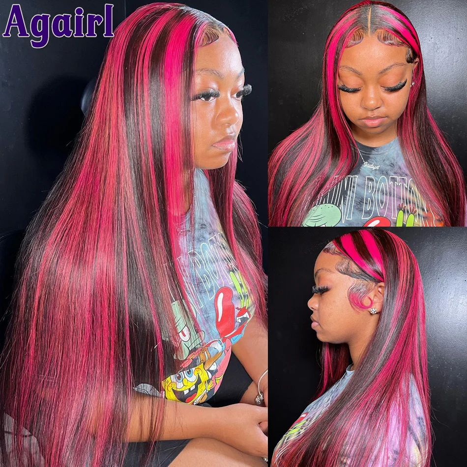 Pink Highlight Colored Wig 5X5 Lace Closure Human Hair Wigs 13x6 Transparent Lace Frontal Wig Brazilian Long Straight For Women
