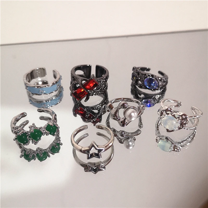 

Kpop Punk Vintage Y2k Star Crystal Irregular Geometric Transparent Opal Stone Silver Color Rings For Women Grunge EMO Jewelry