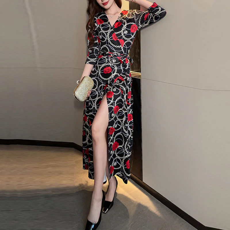 

Women's 2023 Summer Floral Print Dress Wrap V Neck 3/4 Long Sleeve Belted Waist robe vestido A-Line Bohemian Maxi Dresses