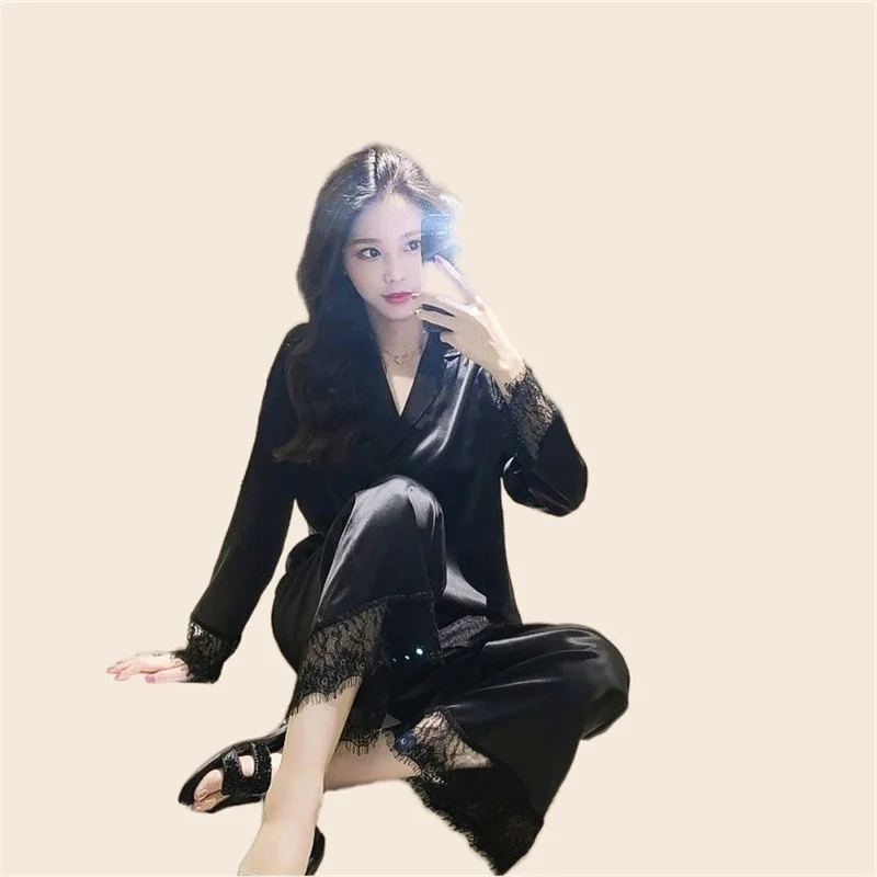 Women's Sexy Lace Pajamas Set Full Sleeve T-shirt Long Pants 2Piece/Set Cozy Silk Pyjama Mom Homewear Plus Size Rayon PJS