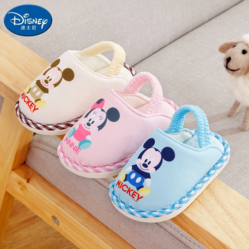 Disney Home Shoes Slipper For Childrens Mickey Minnie Mouse Winter Warm Cotton Brown Non-slip Indoor Shoes For Kids One Size