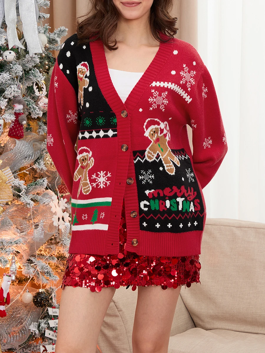 Женский рождественский кардиган свитера пряничный мужской узор ребристая