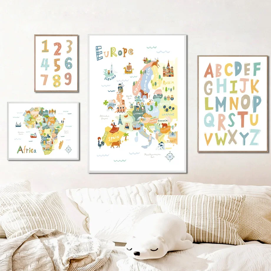 Американская Азия Африка Европейская карта формы цифры Алфавит искусство холст