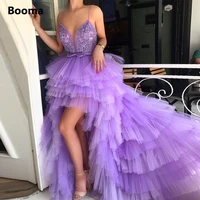 booma sexy plunging lavender hi lo prom dresses spaghetti straps appliqued pleated tiered tulle prom gowns formal party dresses