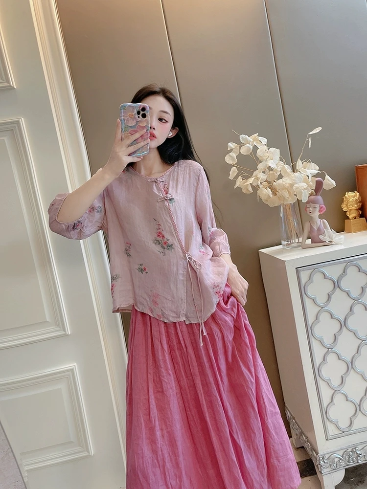 Chinese Zen Ramie Print Shirts Women Summer Loose Casual Shirt Retro Buckle Lace-up Cotton and Linen Tea Clothes Top