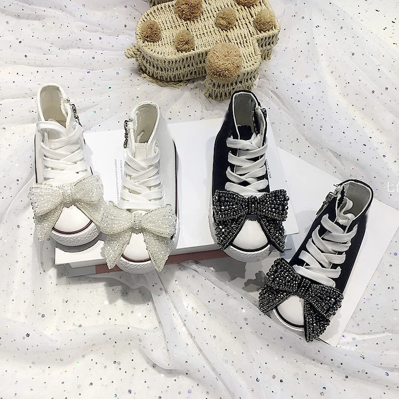

Children's custom rhinestone canvas shoes baby girl comfortable all-match casual shoes high-top sneakers 23-34