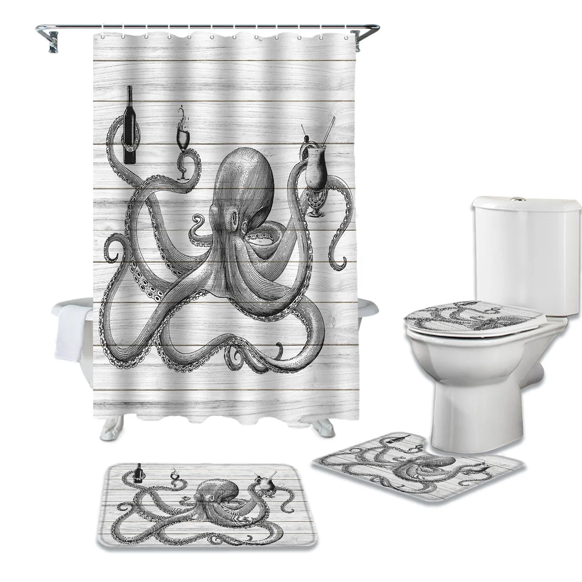 Деревянная занавеска в виде осьминога для шампанского душа и коврики ванной