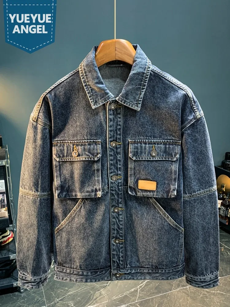 Джинсовая куртка мужская с карманами винтажная однобортная куртка-карго из
