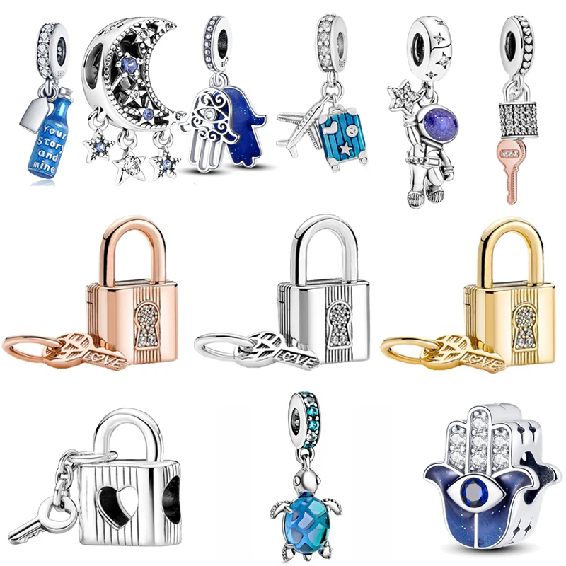 

Fit Original Pandora New 925 Sterling Silver Blue Pendant Padlock Key Cartoon Charms Charm Bead Bracelet DIY Women Jewelry Beads