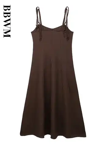 Linen Strap Dress Woman 2023 Summer Sleeveless Long Dresses Brown Beach Midi Dresses Chic Female Fashion Casual New Dress