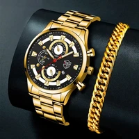 2022 fashion mens gold bracelet business watches luxury stainless steel quartz wrist watch calendar male sports luminous clock