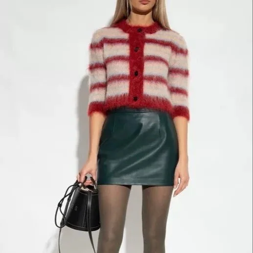 

Женский короткий вязаный кардиган в полоску, трикотажное пальто с круглым вырезом и рукавом до локтя
