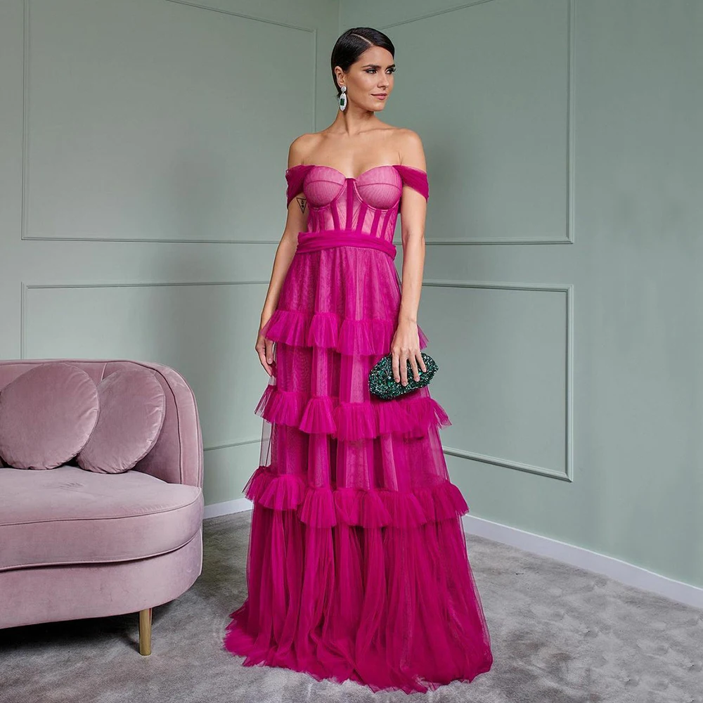 

Fushcia Tulle A-Line Tiered Long Prom Dresses Sweetheart Off The Shoulder Short Sleeves Evening Gowns Zipper Back Party Dress