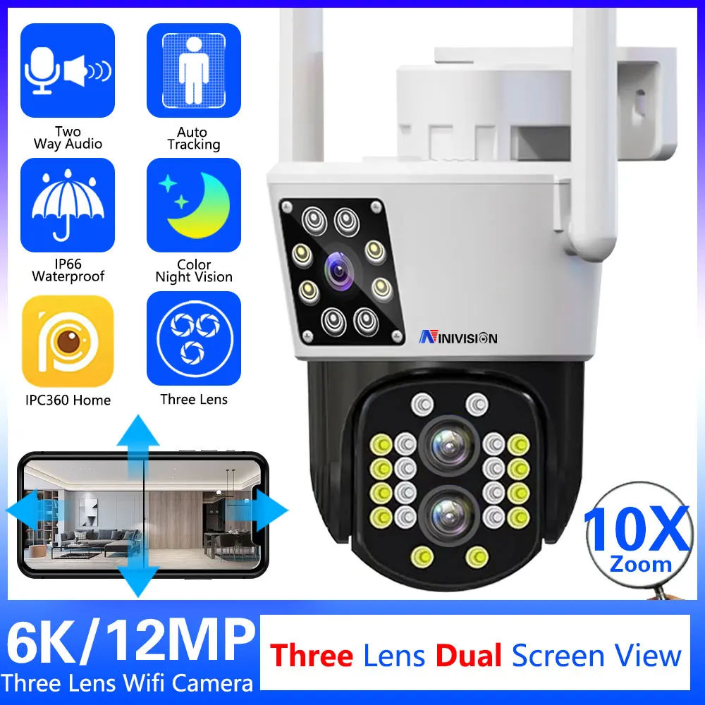

10X Optical zoom Three Lens PTZ Wifi Camera 12MP Outdoor Security Video Surveillance CCTV Camera Auto Tracking 6K HD IP Camera