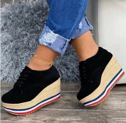 

Vulcanize Shoes Women Sneakers Ladies Solid Color Wedge Thick Shoes Round Toe Lace-Up Comfortable Platform Sneakers 2021 Fashion
