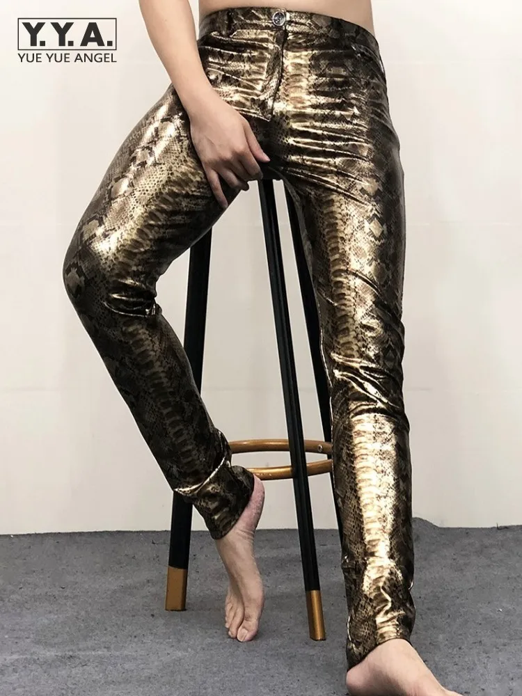 Night Club Party Sexy Golden Snake Pattern Skinny Pants Men New Fashion Elastic Performance Tight Trousers Male Pencil Pants
