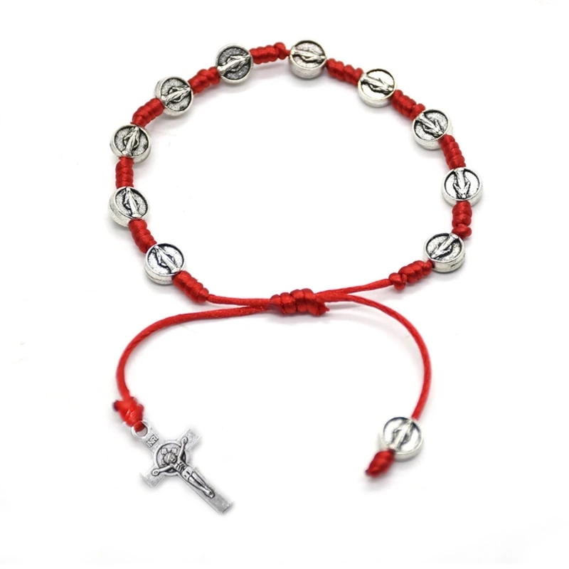 

Handmade Virgin Bracelet Braided Rosary Coin Beaded Prayer