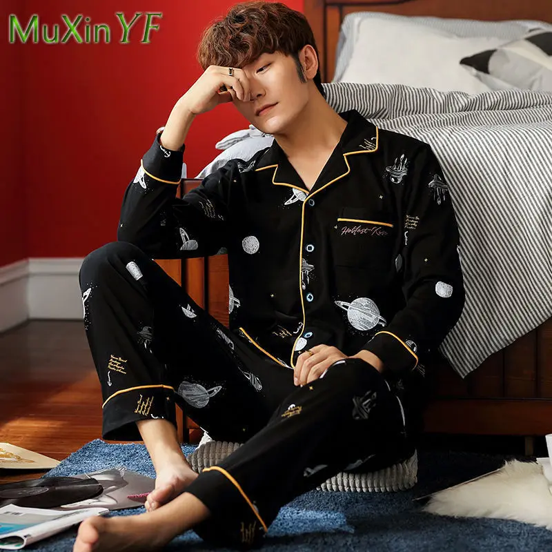2022 Autumn New Long-sleeved Trousers Pajamas Two-piece Men's Casual Cardigan Pijamas Korean Loose Sleepwear Homewear Suit