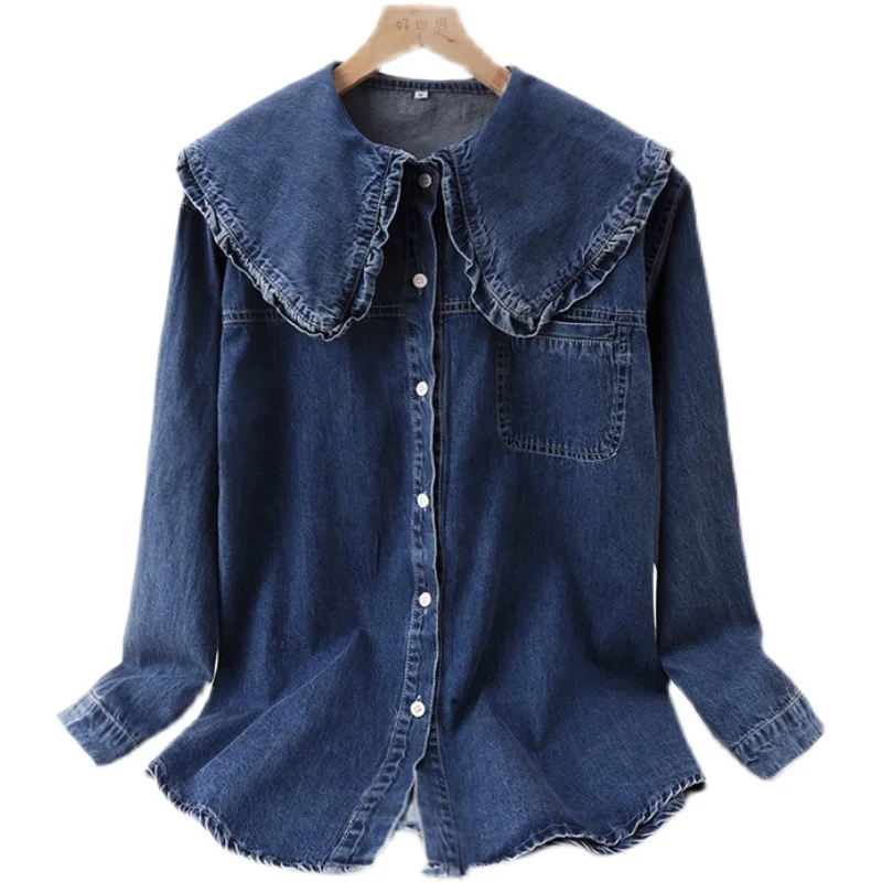 

Spring New Doll Collar Thin Solid Denim Blouses Women Loose Korean Long-Sleeve Vintage Pocket Jeans Coat Shirt Tops Female G2011