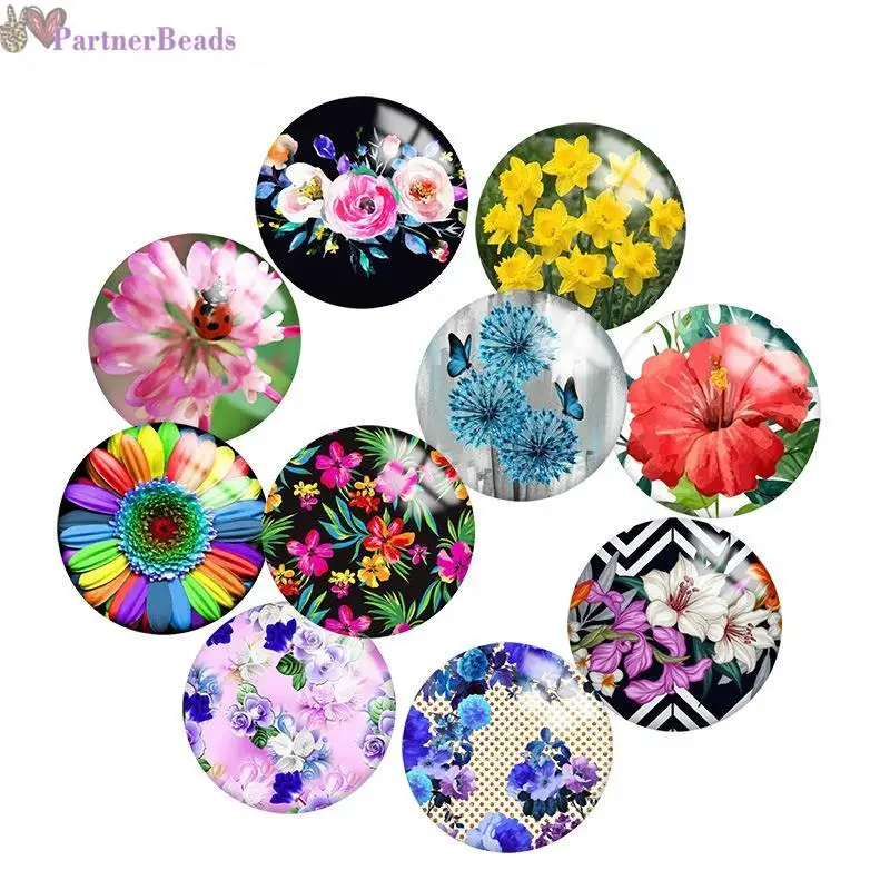 

Круглый стеклянный кабошон с цветами, демонстрация плоской задней поверхности, фурнитура для изготовления застежек 20 мм, N4011