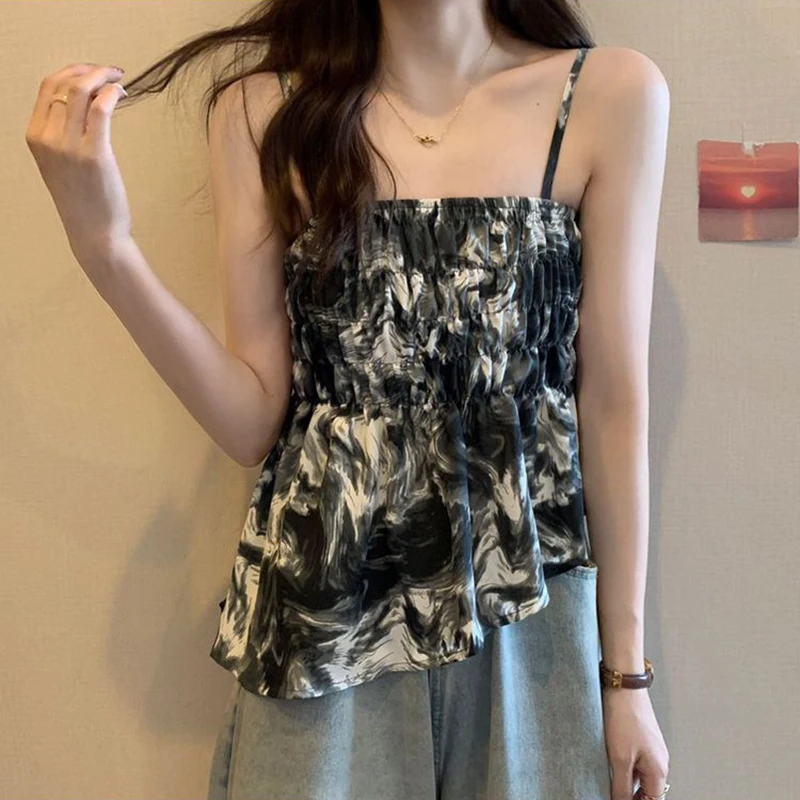 

Zoki Vintage Tie Dye Printing Slim Tops Summer Fashion Korean Shirring Sexy Camis Harajuku Chic Elegant Irregular Casual Tops