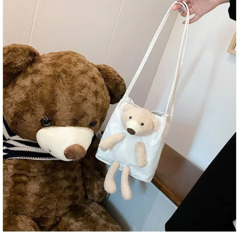 Women's Bag Fashion Bear Canvas Bag Women's Computer Portable Shoulder Bag Simple Casual Versatile Large Capacity Bucket Bag