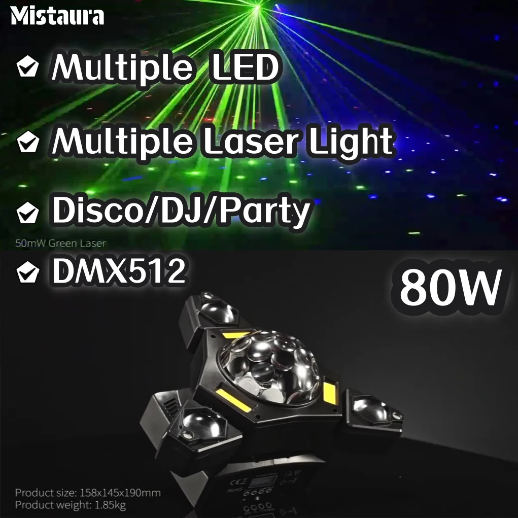 Фото 80 Вт стробоскопический лазерный движущийся головной светильник DMX512 RGB светодиодный многофункциональный поворотный сценический светильник с тремя рычагами для DJ Bar Party Disco №1