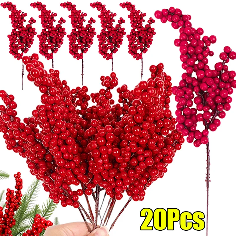 

1-20 шт., искусственные красные ягоды, ветки, рождественские красные ягоды Падуба, искусственные цветочные украшения из пеноматериала «сделай сам», Новогоднее украшение
