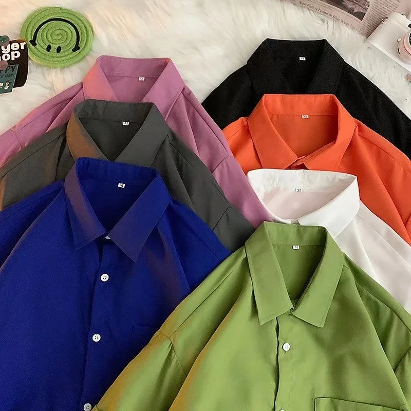 

2022 Summer Men's Short Sleeve Cotton Shirts Loose Lapel Collar Solid Color French Cuff Mens Fashion Shirts Camisa Masculina