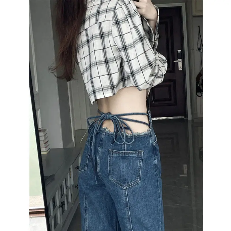 

Large size high waist tie straight jeans female fat mm spring and summer 2022 new hot girl loose wide leg pants ins 4XL