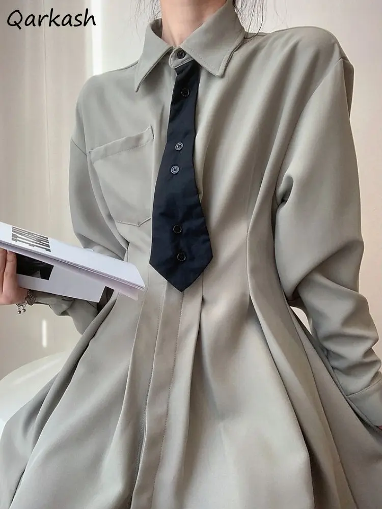 

Long Sleeve Mini Dress Women Pleated Solid Turn-down Collar Vintage Simple Students New Spring Summer Office Ladies Fashion Chic