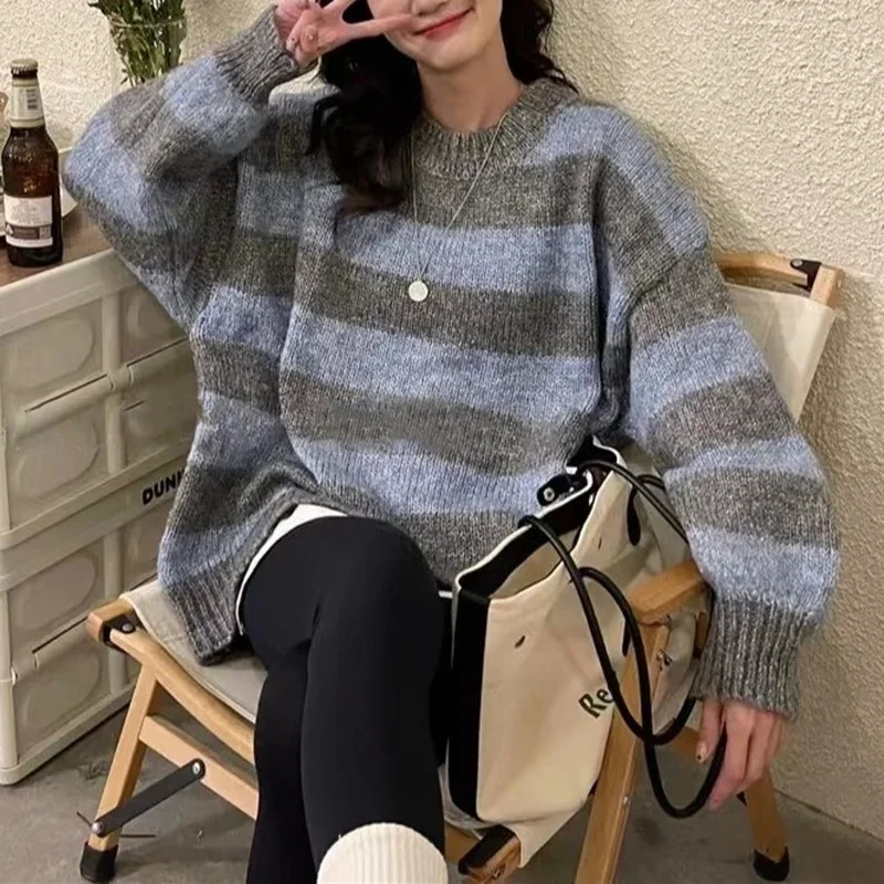 

Contrast Color Striped Sweater Women Pullover Autumn Winter Loose Long Sleeve Sweater Cashmere Long Sleeve Top Sueter Mujer